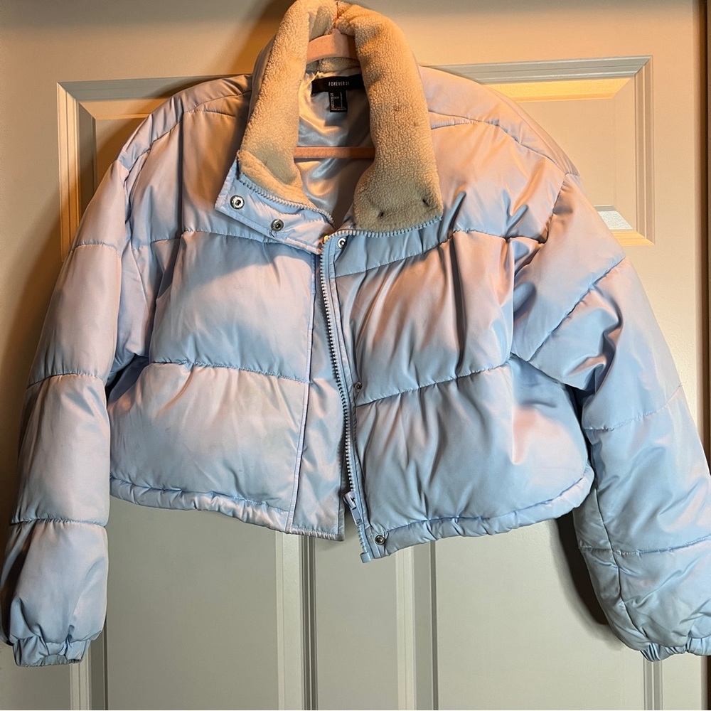 Baby blue cropped puffer heavier